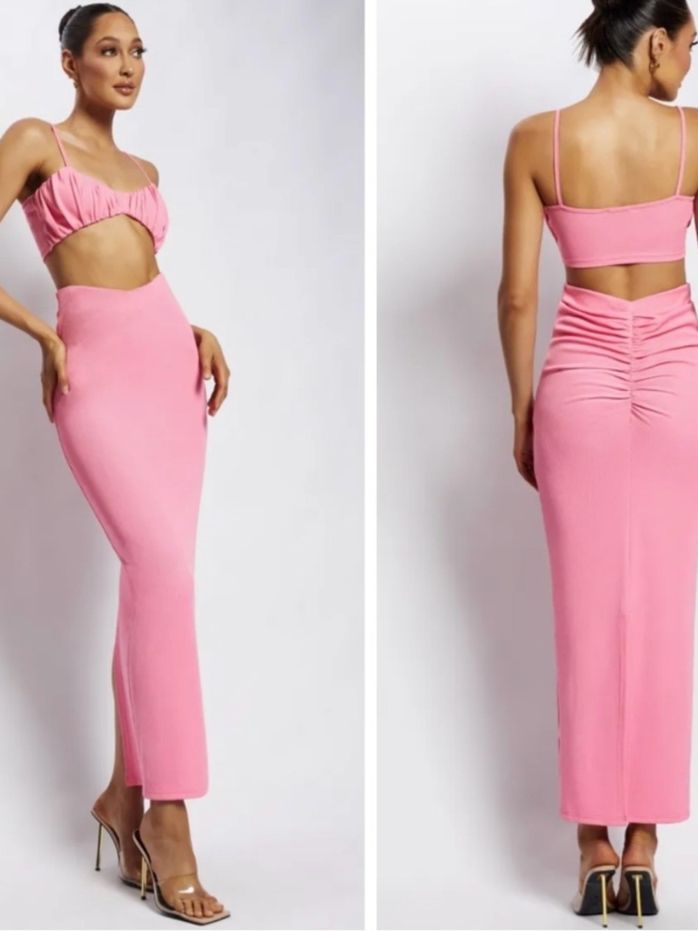 Meshki Pink High-Waist Ruched Back Maxi Skirt and top